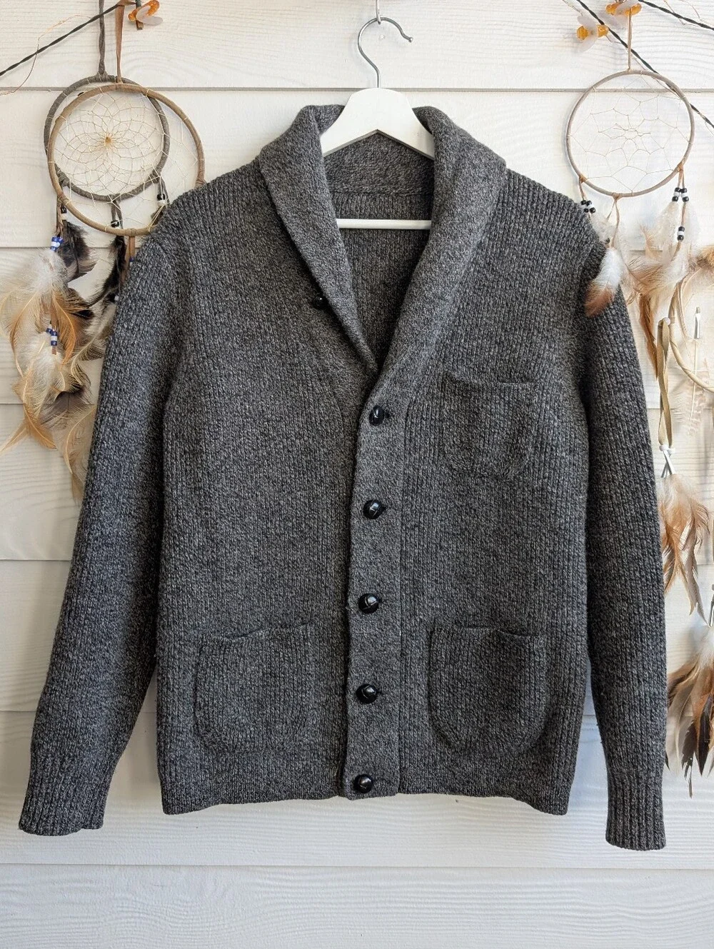 J Crew Sweater Men Gray Lambswool Shawl Collar Cardigan Chunky Knit
